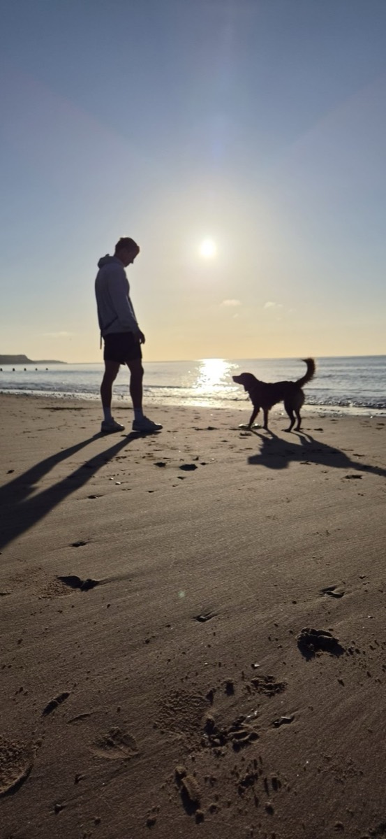David and Honey on a beach at sunrise, in silhouette